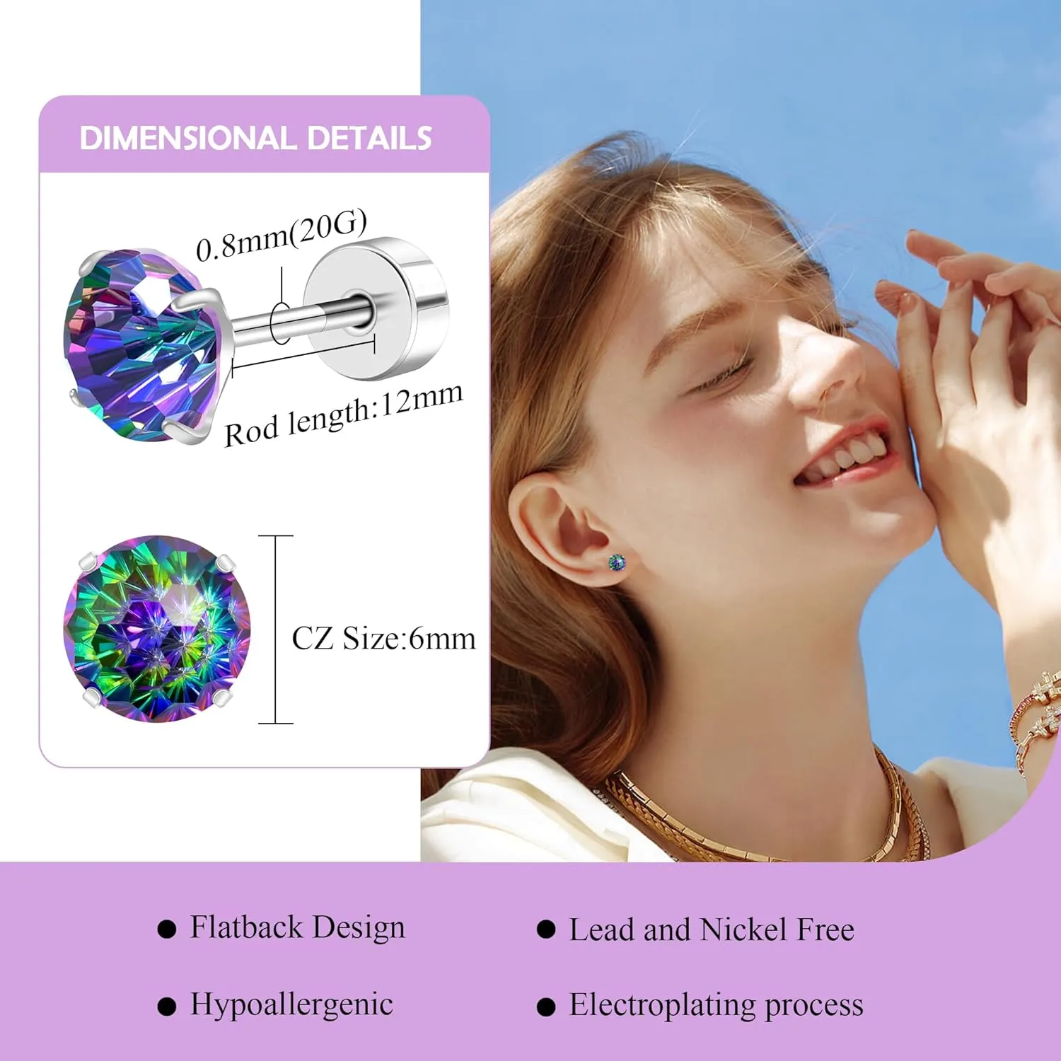ZDE Titanium Women Flatback Earrings AAAA  Cubic Zirconia Silver CZ Simulated Diamond Earrings Stud Hypoallergenic Cartilage Earring Piercing Jewelry 6mm
