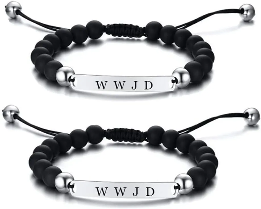 ZKXXJ WWJD HWLF Bracelet Set for Men Women,Adjusted Black White Beaded Onyx What Would Jesus Do He Would Love First Bracelets Inspirational Religious Reminder Jewelry Baptism Easter Gift