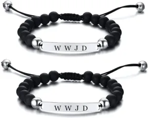 ZKXXJ WWJD HWLF Bracelet Set for Men Women,Adjusted Black White Beaded Onyx What Would Jesus Do He Would Love First Bracelets Inspirational Religious Reminder Jewelry Baptism Easter Gift