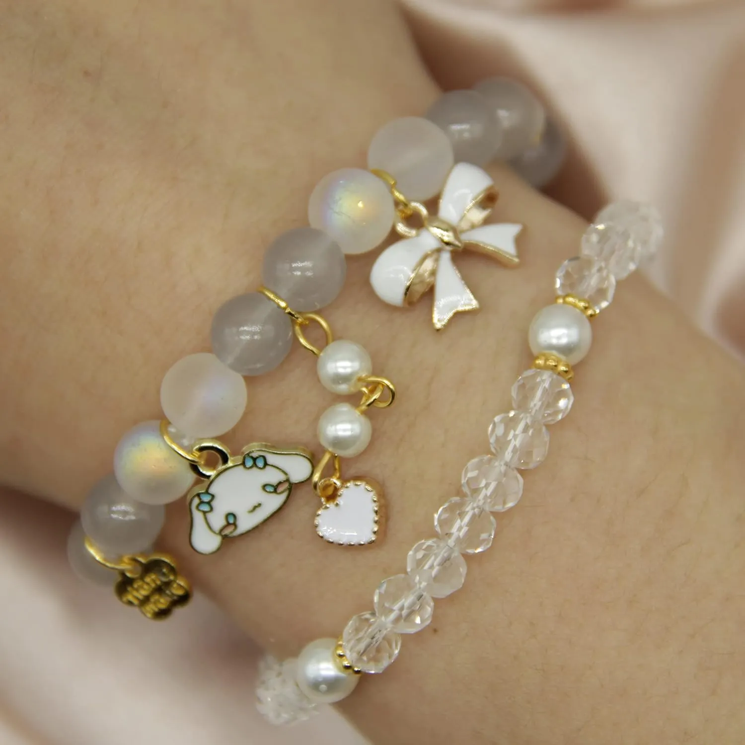 ZMANYIJEW Crystal Beads Pearl Bracelet Cute Cartoon Elastic Beaded Bracelets for Women