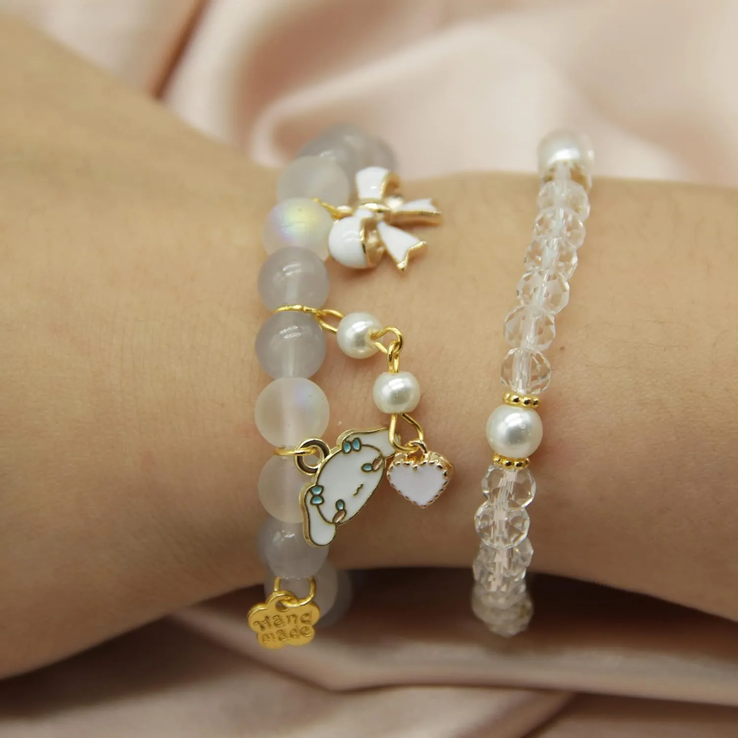 ZMANYIJEW Crystal Beads Pearl Bracelet Cute Cartoon Elastic Beaded Bracelets for Women