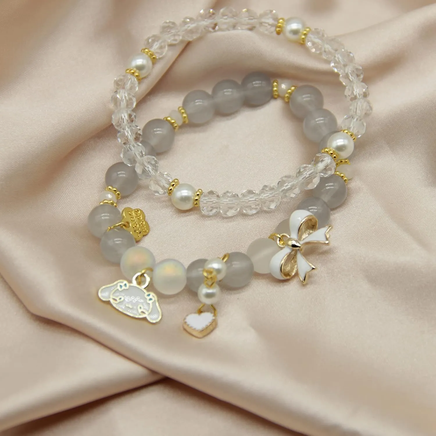 ZMANYIJEW Crystal Beads Pearl Bracelet Cute Cartoon Elastic Beaded Bracelets for Women