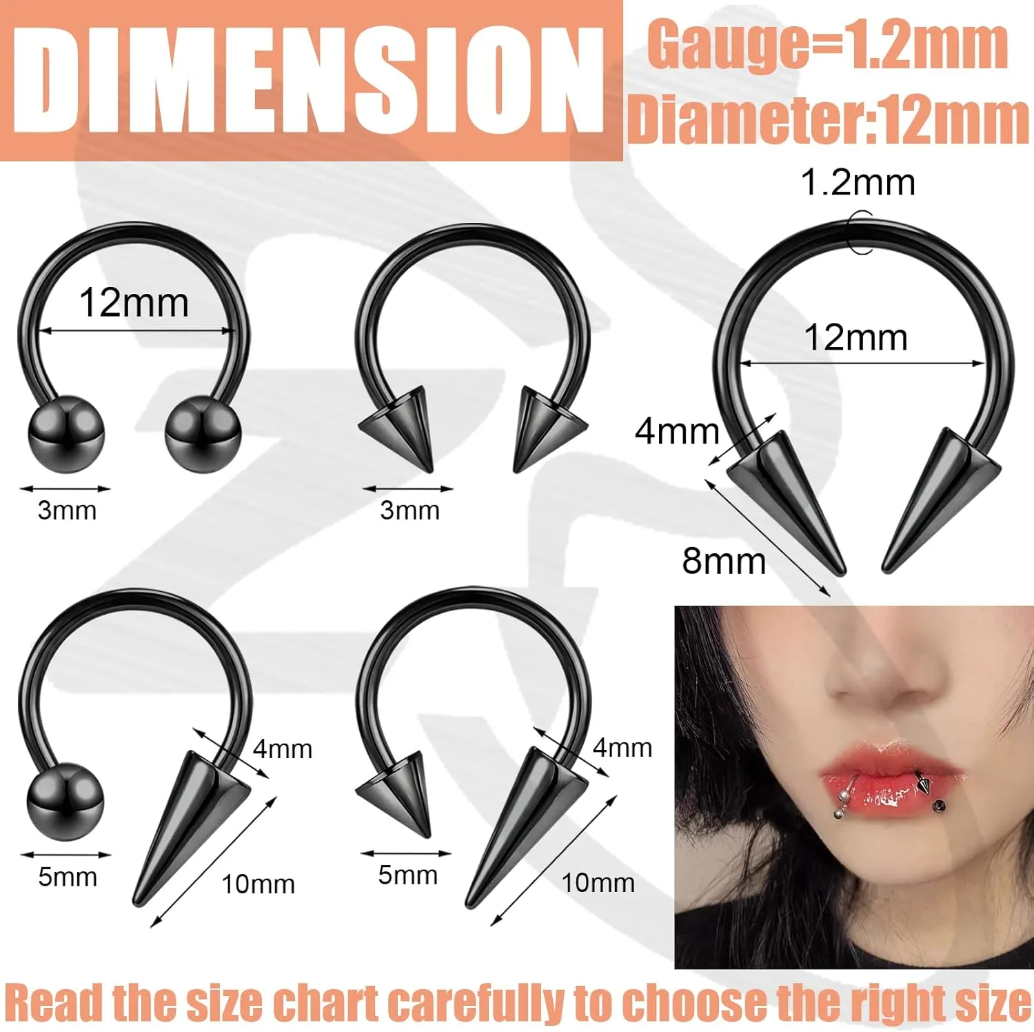 ZS 16G Spiked Horseshoe Nose Septum Rings, Stainless Steel Daith Earrings Spike Lip Ring, Nipple Helix Rook Piercing Jewelry for Women Men