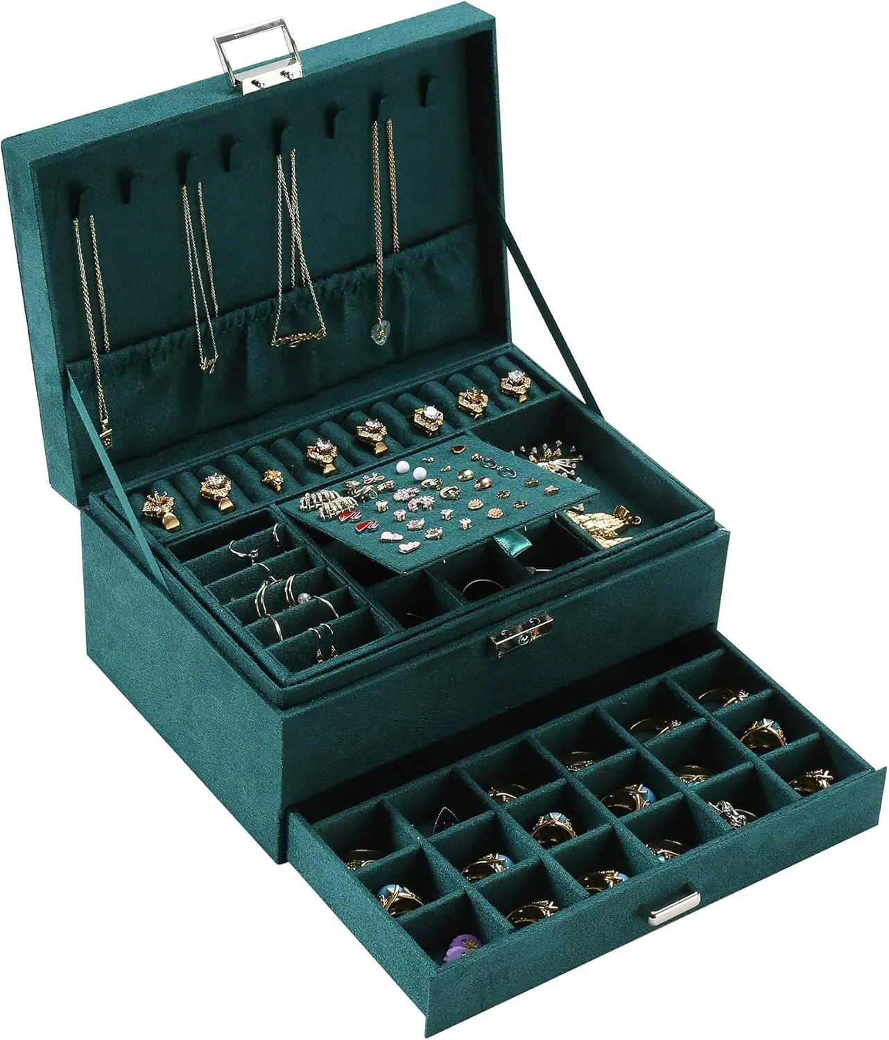 ZUZOOQ Women Jewelry Organizer Box, 3-Layer Velvet Jewelry Boxes Display Storage Case with Lock for Rings Necklace Earrings, Green, 24 * 17 * 11CM1