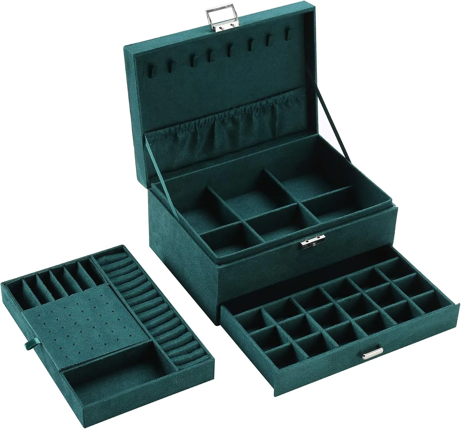 ZUZOOQ Women Jewelry Organizer Box, 3-Layer Velvet Jewelry Boxes Display Storage Case with Lock for Rings Necklace Earrings, Green, 24 * 17 * 11CM1