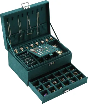 ZUZOOQ Women Jewelry Organizer Box, 3-Layer Velvet Jewelry Boxes Display Storage Case with Lock for Rings Necklace Earrings, Green, 24 * 17 * 11CM1